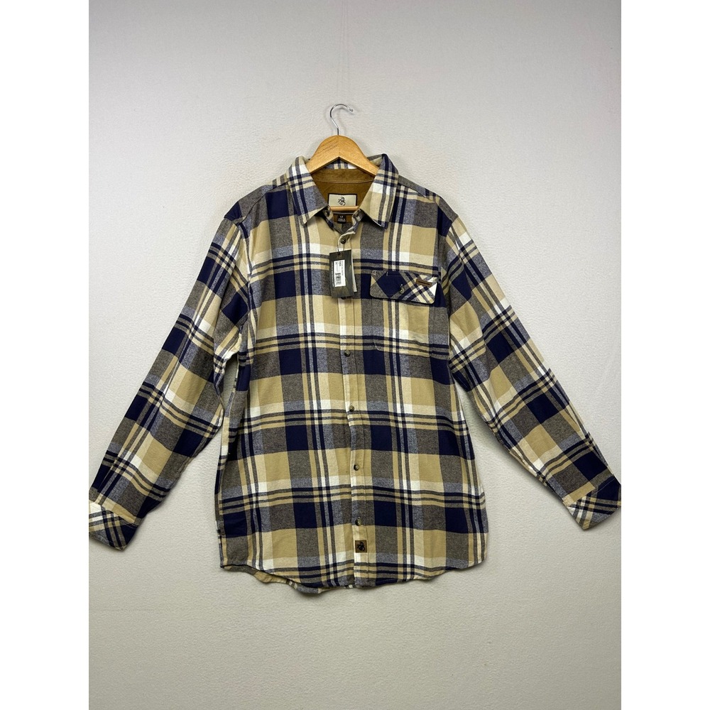 Gorpcore Legendary Whitetails Mens Large Tall Tan Navy Blue Buck Camp Flannel